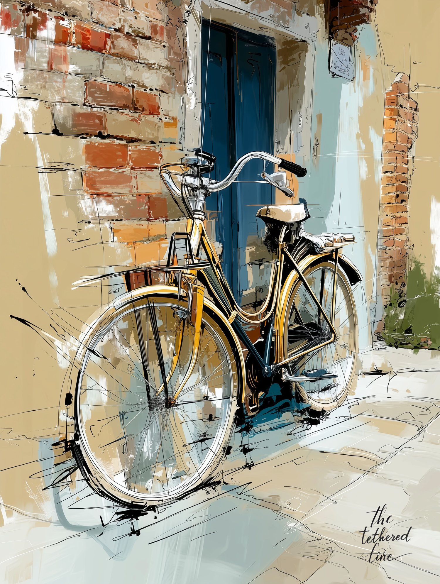 Illustrated yellow bicycle leaning against a rustic brick wall, symbolizing freedom and everyday moments — artwork from The Tethered Line.