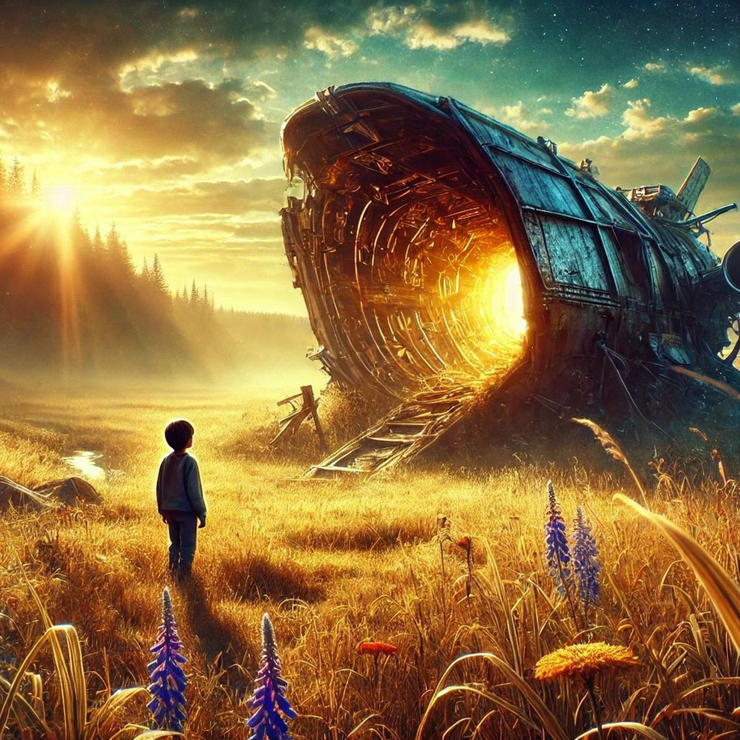 child looking at a large, glowing portal or structure in a field at sunset.