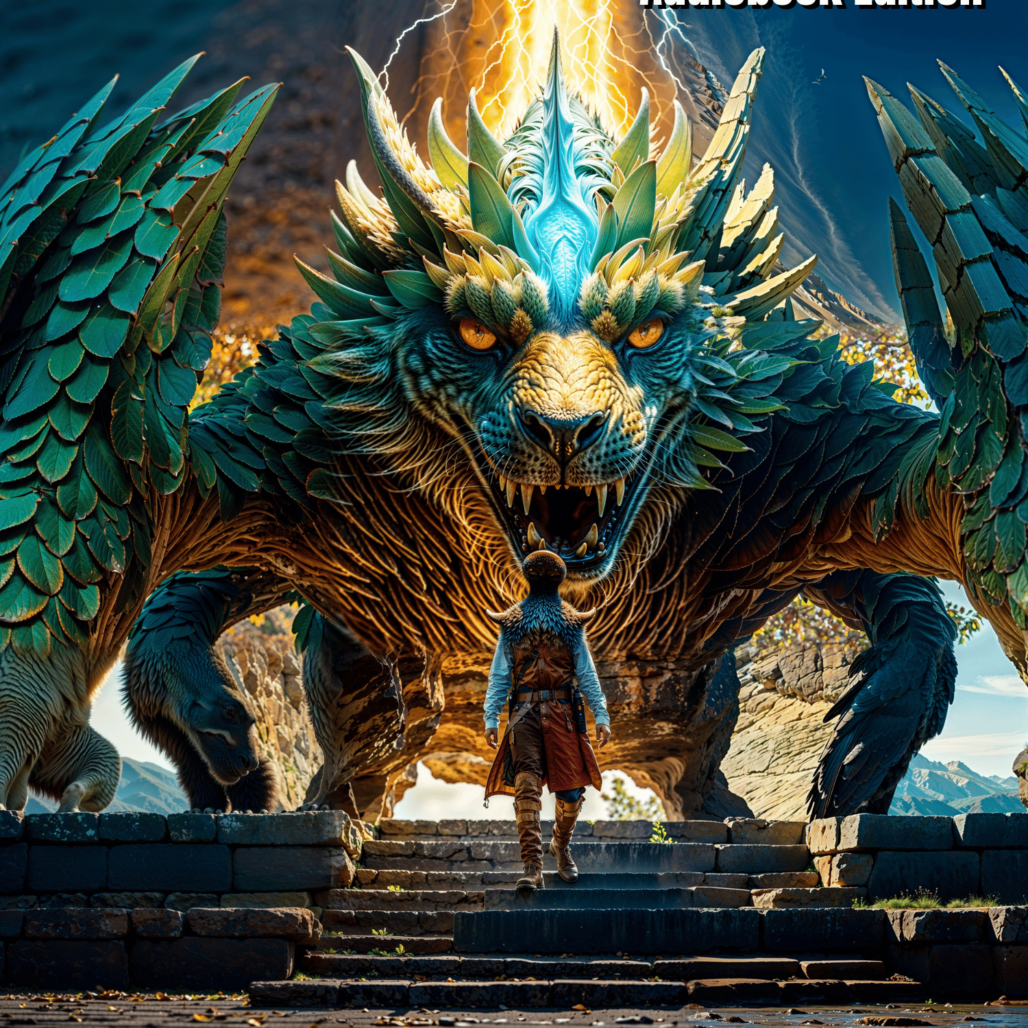 Warrior facing a massive dragon-like creature with glowing eyes and lightning above.