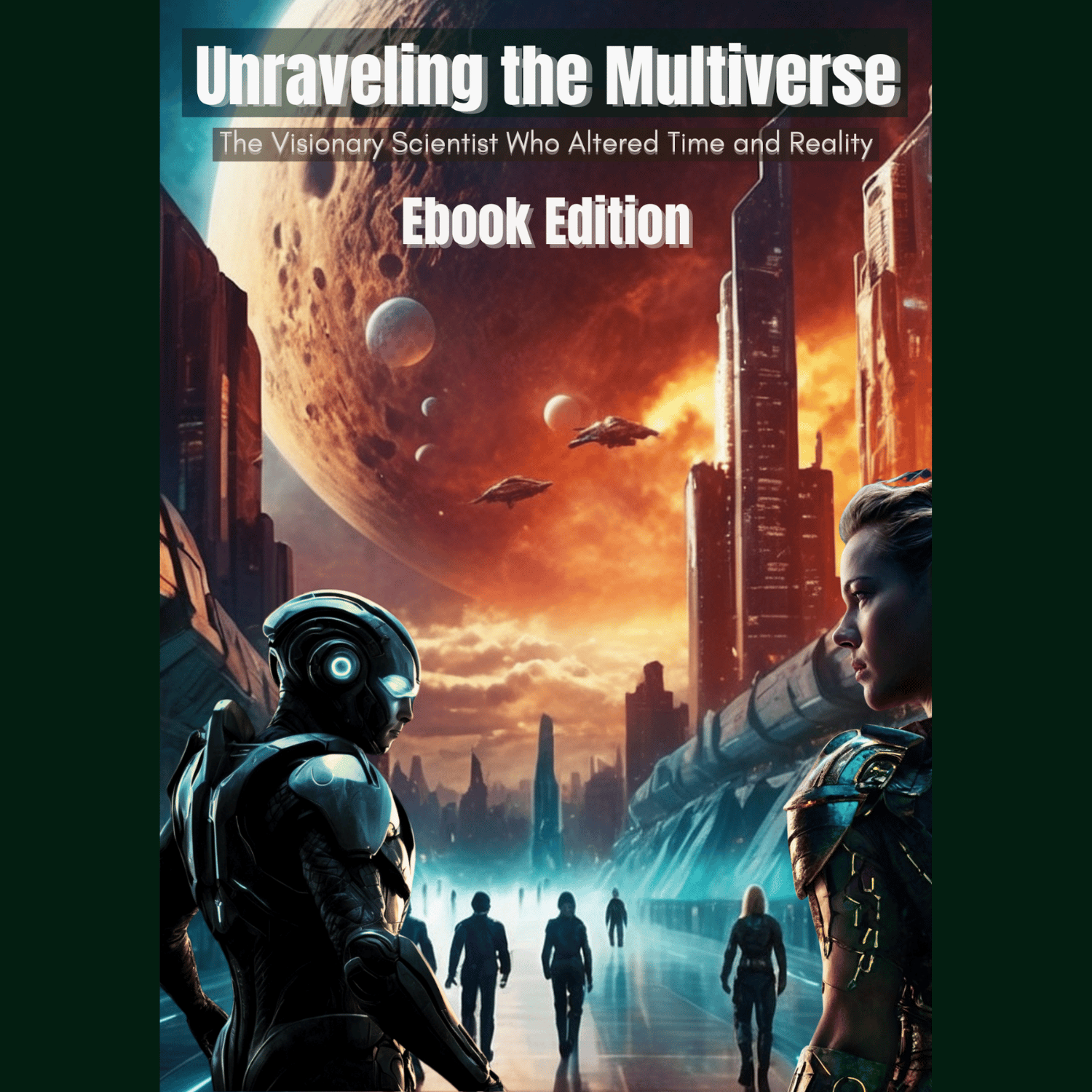 Futuristic city with armored heroes and planets in the sky