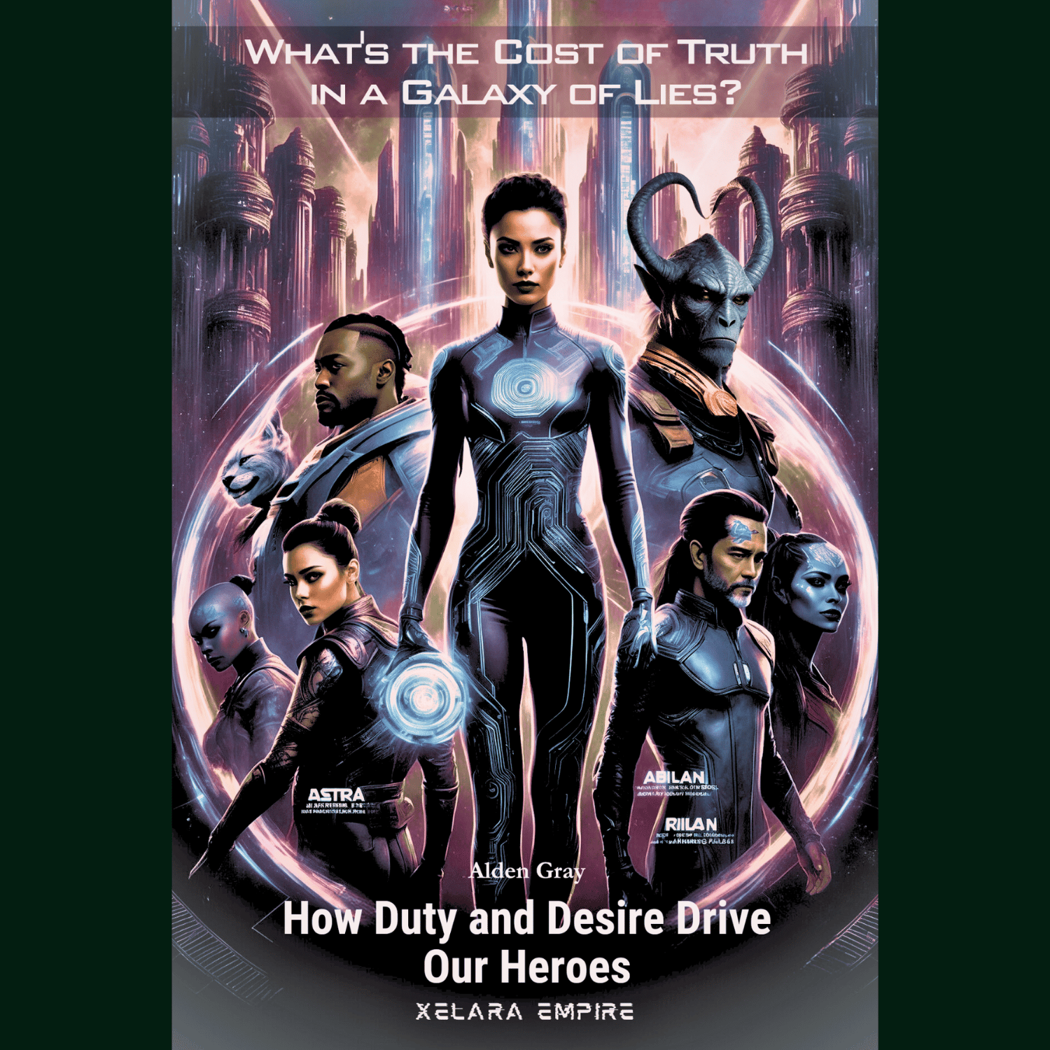 Futuristic heroes standing united in a sci-fi city, questioning truth and loyalty in a galaxy of lies