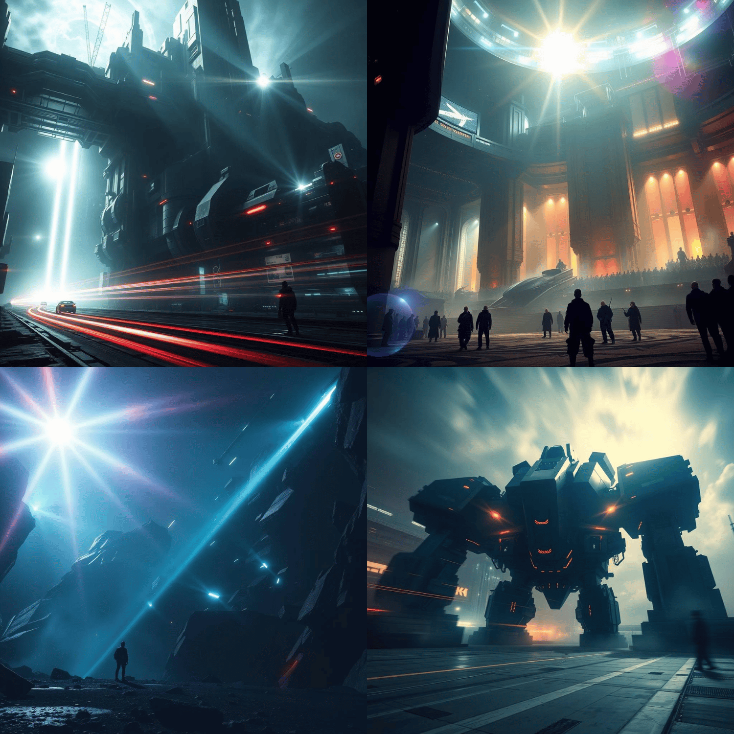 Futuristic city with giant mechs, neon lights, and epic sci-fi scenes