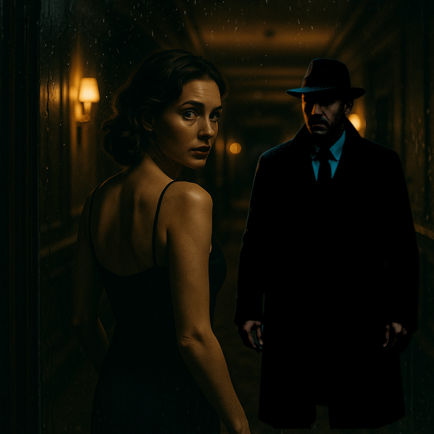 Woman in a black dress looks back fearfully in a dim hallway as a man in a fedora and trench coat stands behind her.