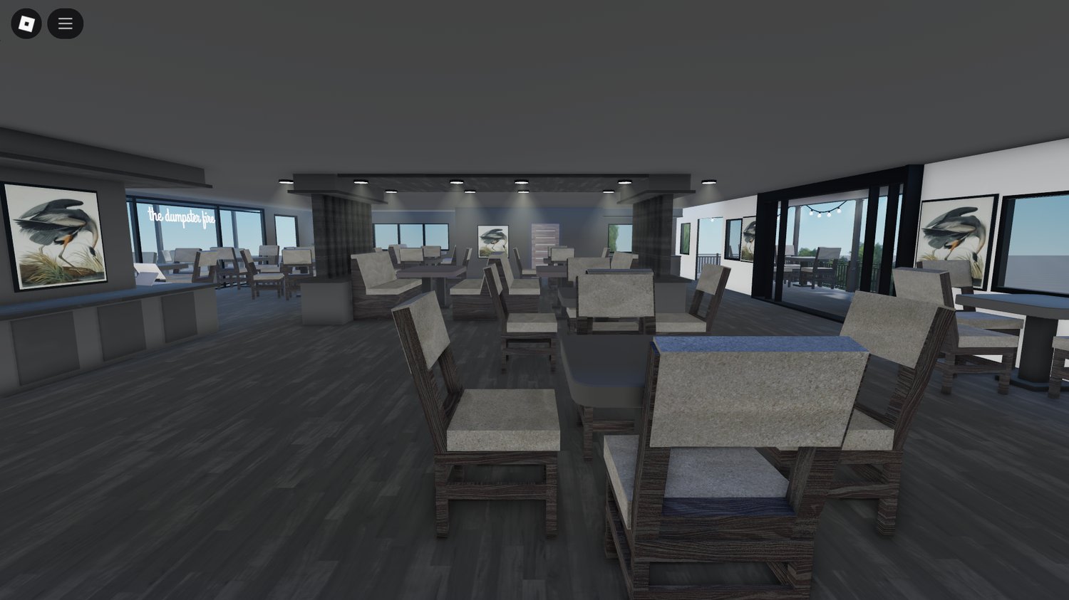 Wide view of restaurant in city environment