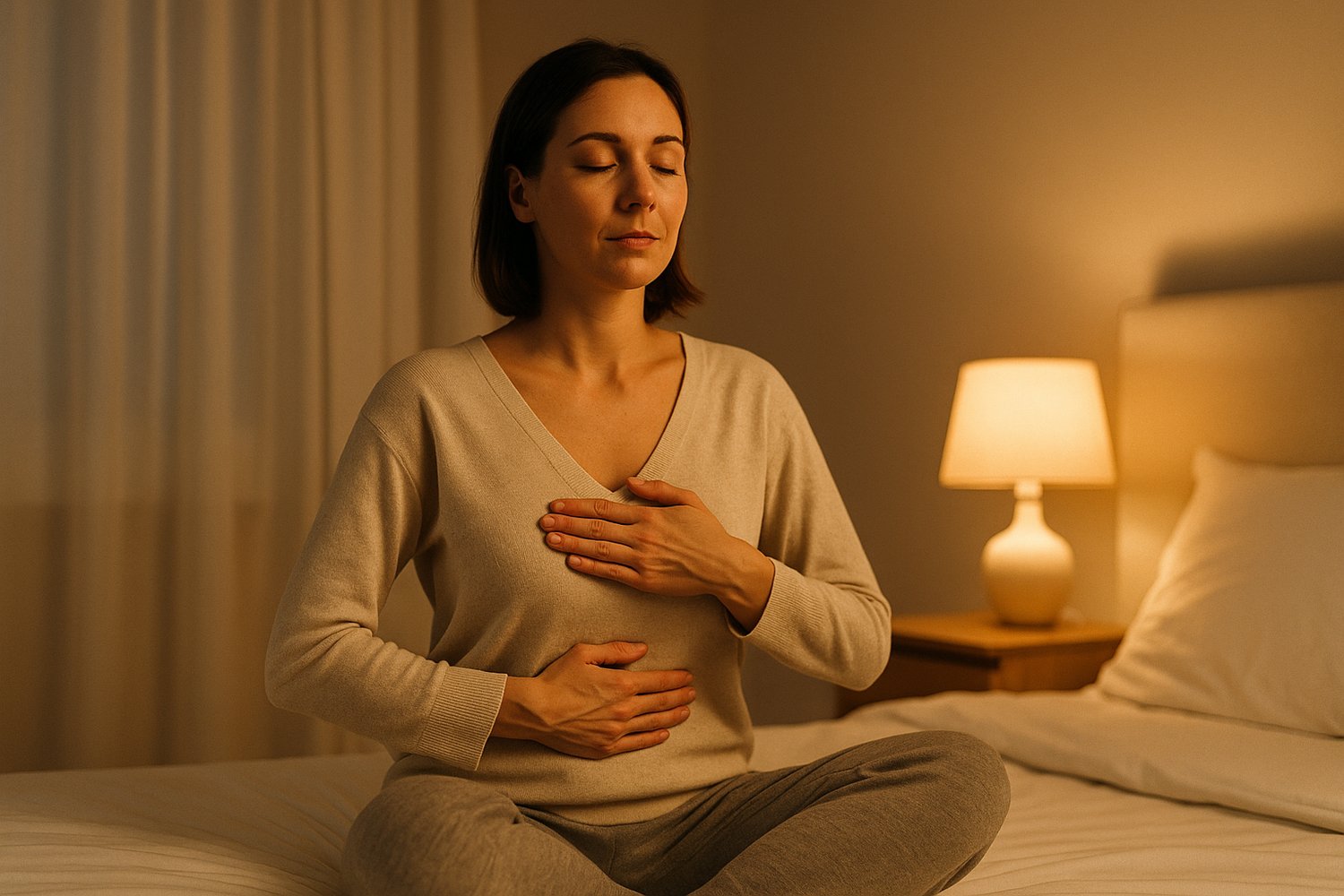 A calm bedroom scene at night with soft warm lighting, a woman in her 30s sitting on a bed in comfortable loungewear practicing deep breathing with closed eyes, minimalist decor, high-resolution photography.