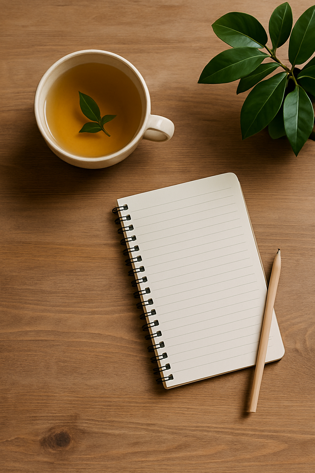 A serene flat-lay scene with a cup of herbal tea, a small notebook, and a green plant on a wooden table, soft natural light, minimal and calm, high-resolution lifestyle photography.