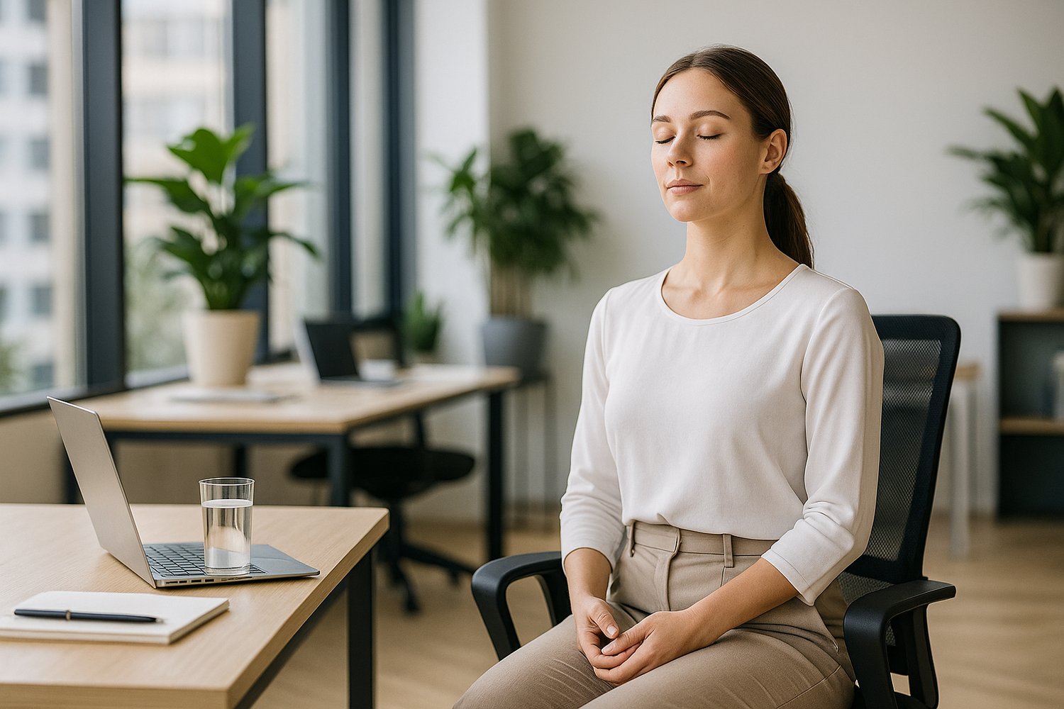 Junge Frau im modernen Büro sitzt entspannt am Schreibtisch, Augen geschlossen, macht eine achtsame Atempause bei der Arbeit