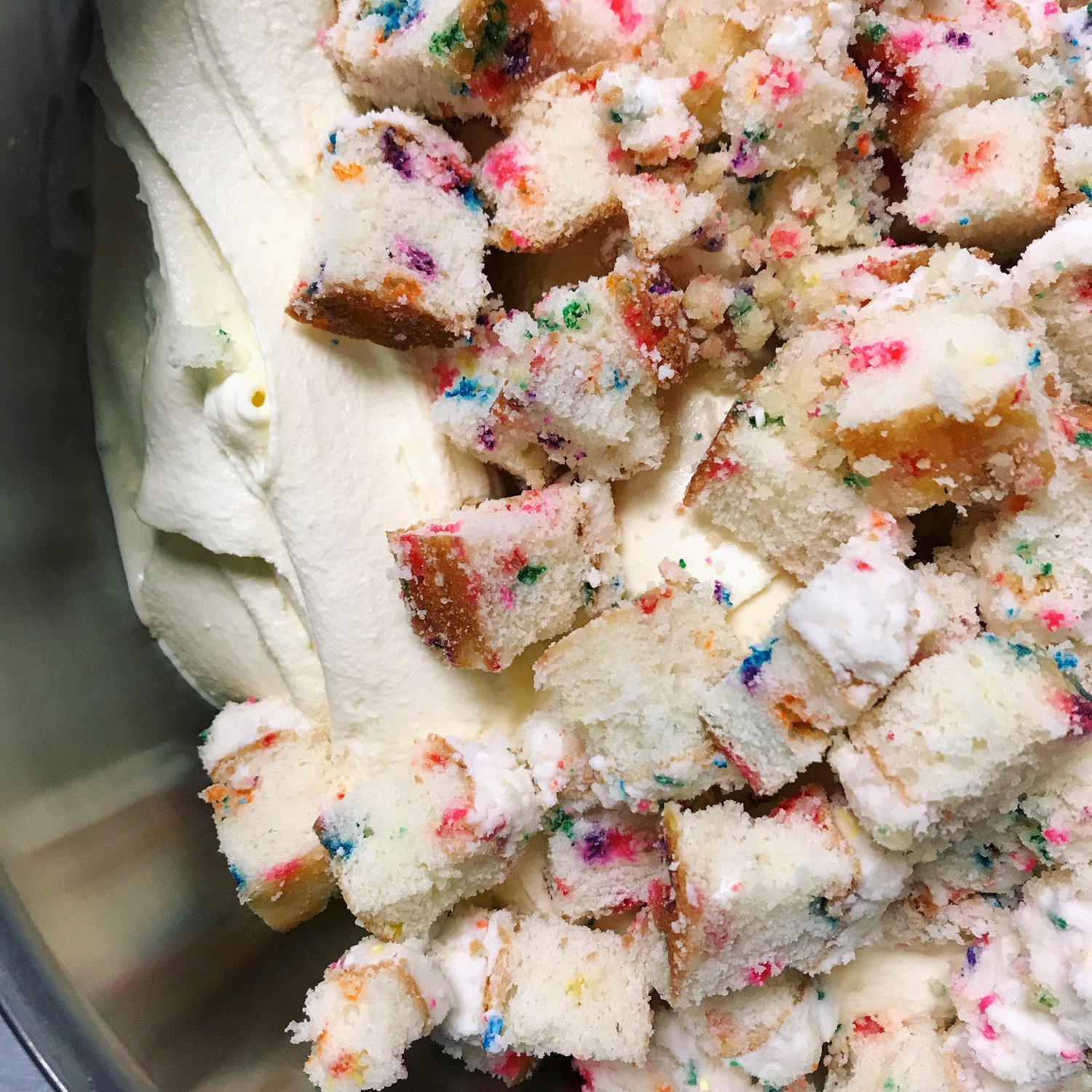 Close up of my Happy Birthday ice cream flavor, pre-stir.