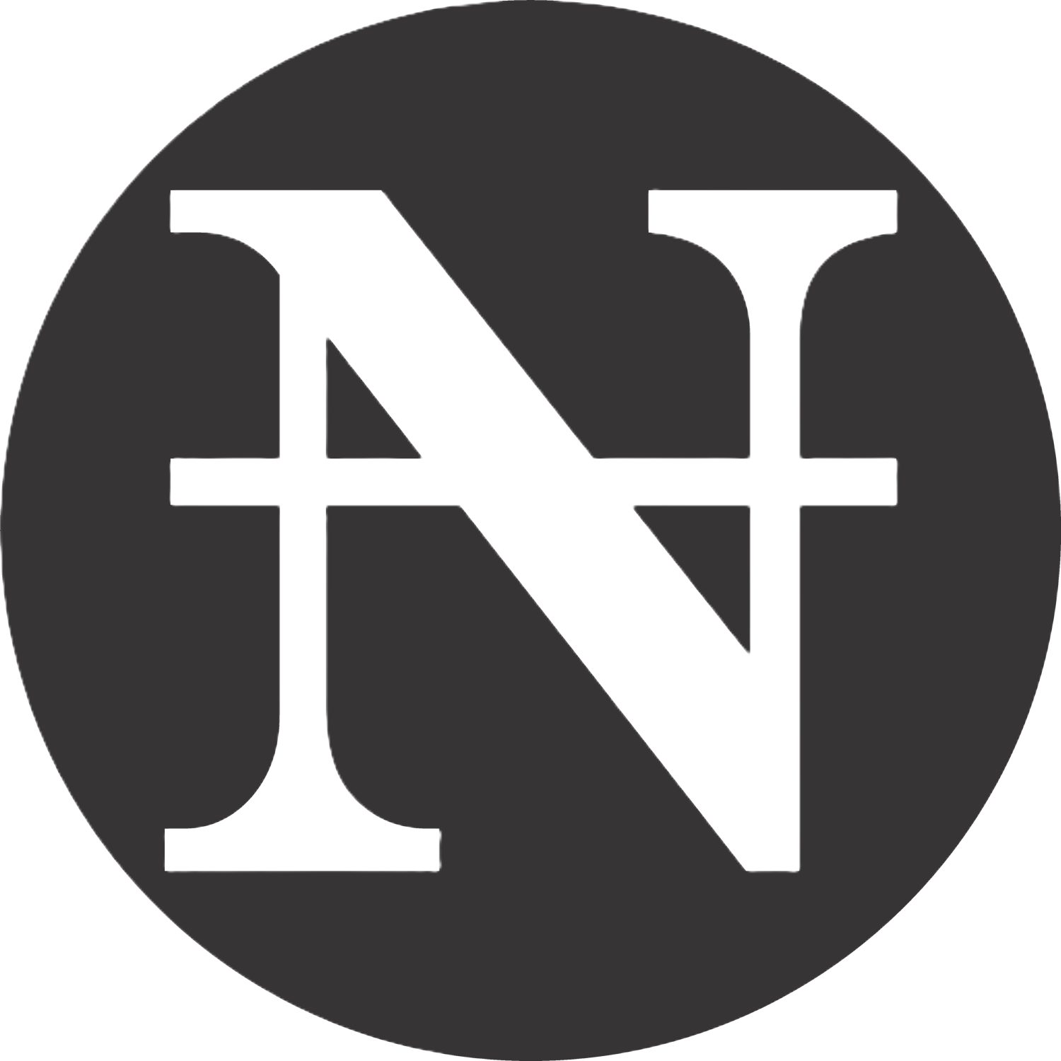 A bold, black letter N intersects with a capital I inside a dark circular background. The design is minimalist, monochrome, and modern, with the overlapping letters forming a unique, geometric emblem that stands out clearly against the round backdrop.