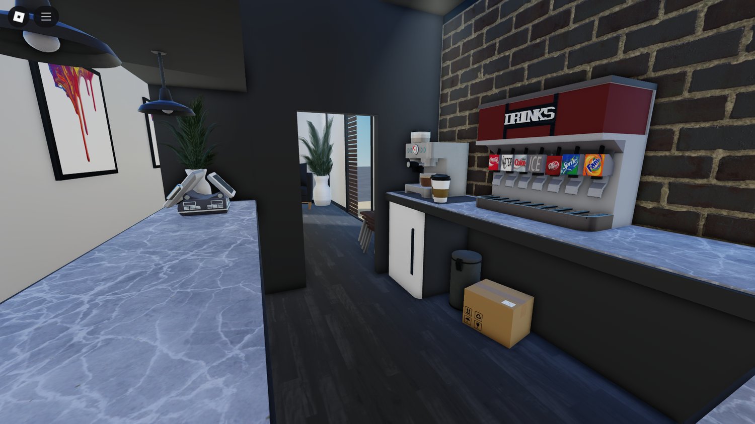 Wide shot showing café in urban setting