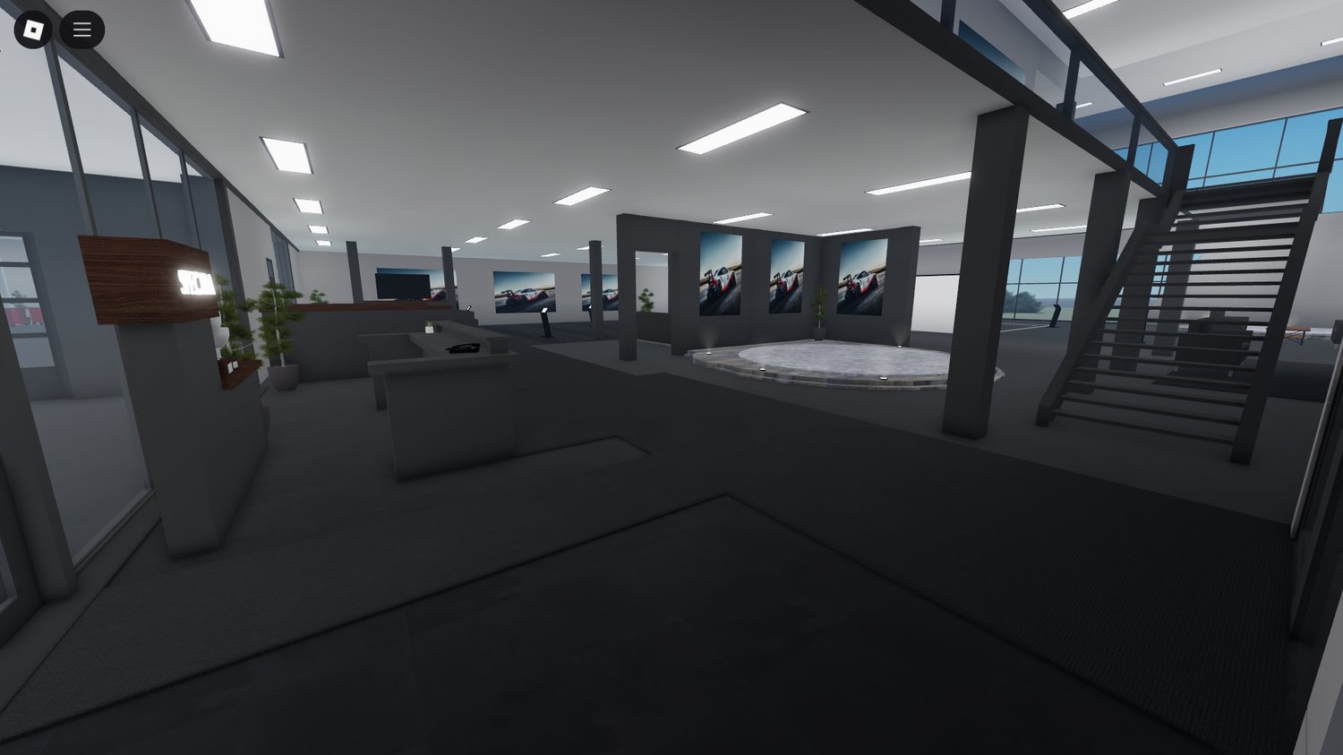 Cinematic wide view of full dealership