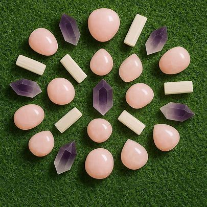 A circular pattern of crystals - rose quartz, amethyst and selenite