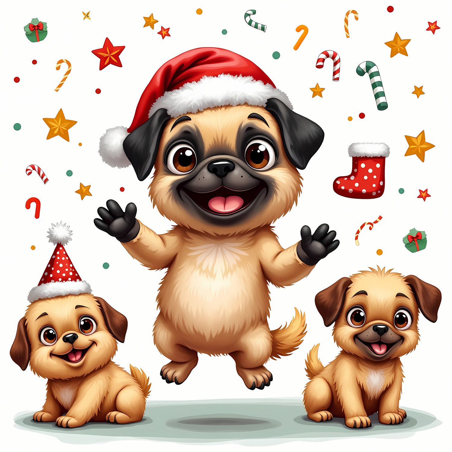 🐾18 Christmas Themed Pugs Art | High-Resolution PNGs in Geometric Abstract and Painterly Art Styles  📦 What’s Included:  18 Files in total High Resolution: 300 DPI for professional quality Image Sizes: From 3072 px to 6144 px 🎨 Perfect For:  Wall Art & Dé