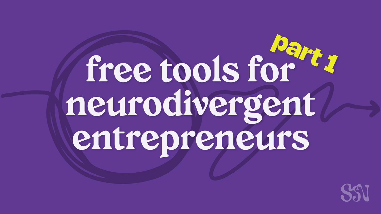 blog post featured image with "free tools for neurodivergent entrepreneurs" in white text on a purple background, with "part 1" in yellow at a 45 degree angle above and to the right, a darker purple squiggle that circles around multiple times before exten
