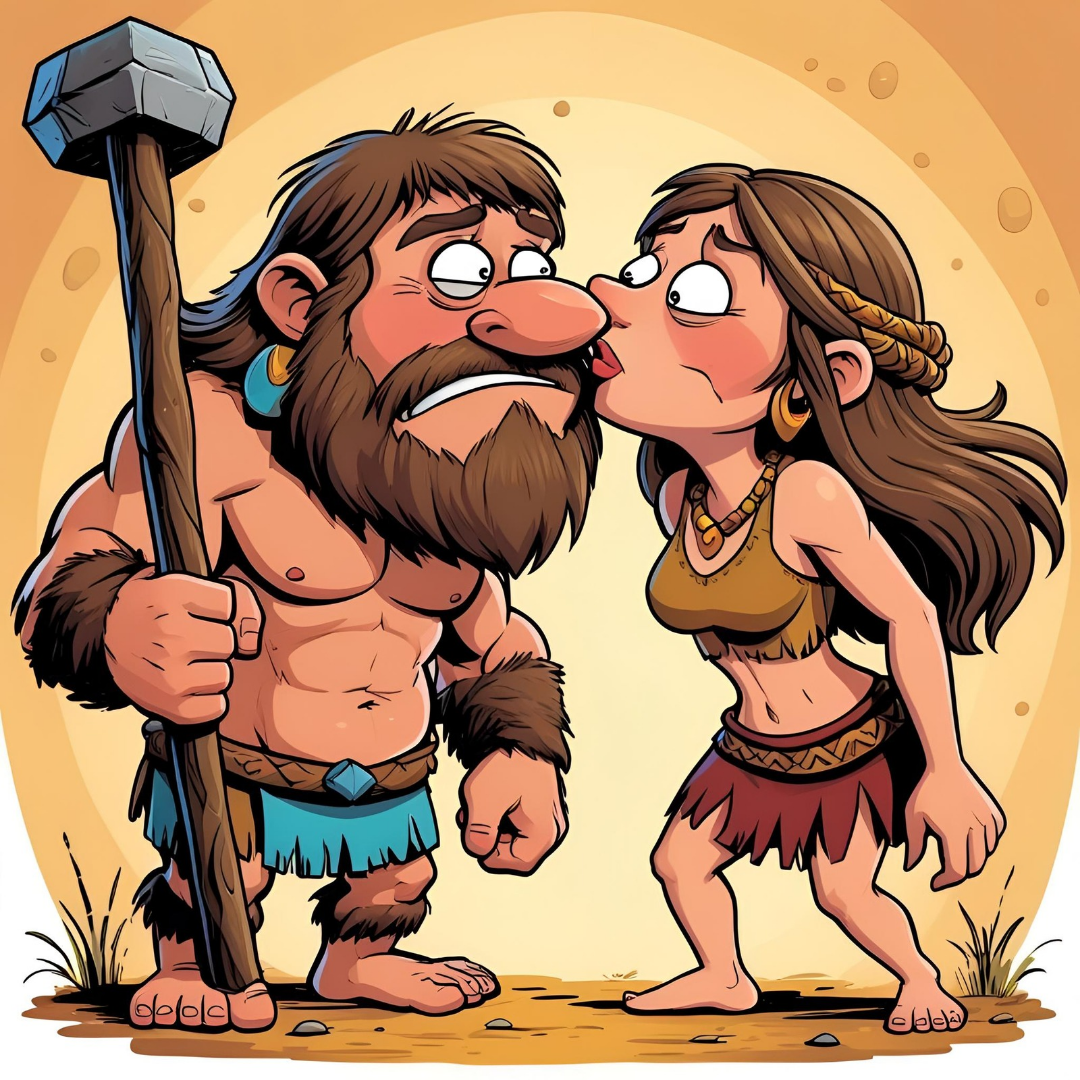 Cartoon comic cavewoman kissing caveman on the cheek awkwardly
