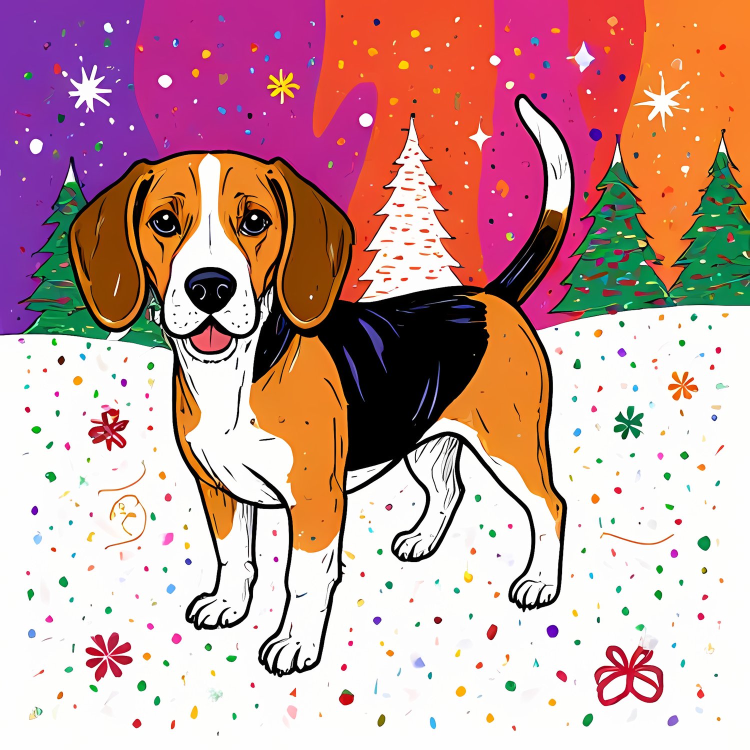 🐾25 Christmas Themed Beagle Dog Art | High-Resolution PNGs in Illustration, Painterly and Geometric Art Styles  📦 What’s Included:  25 Files in total High Resolution: 300 DPI for professional quality Image Sizes: From 3072 px to 4608 px 🎨 Perfect For:  Wa