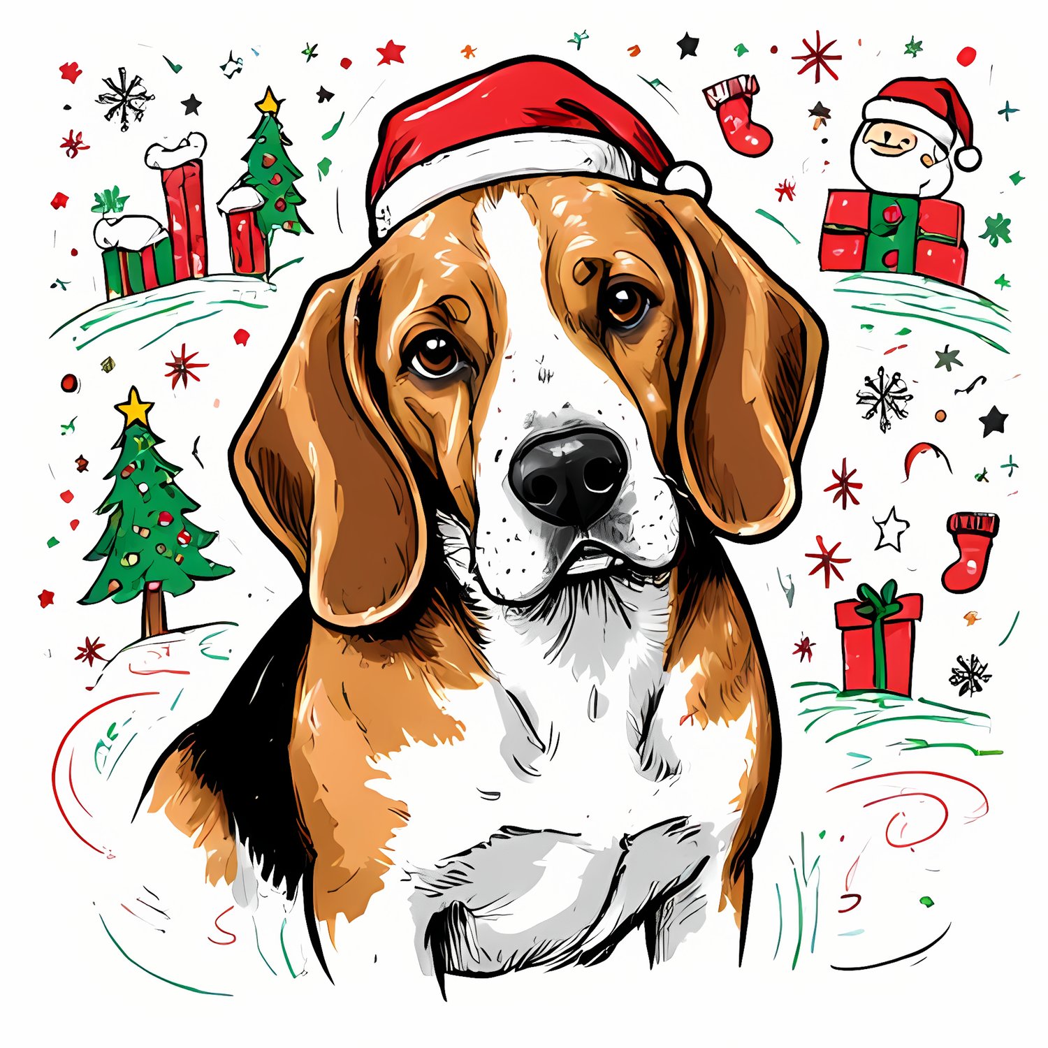 🐾25 Christmas Themed Beagle Dog Art | High-Resolution PNGs in Illustration, Painterly and Geometric Art Styles  📦 What’s Included:  25 Files in total High Resolution: 300 DPI for professional quality Image Sizes: From 3072 px to 4608 px 🎨 Perfect For:  Wa