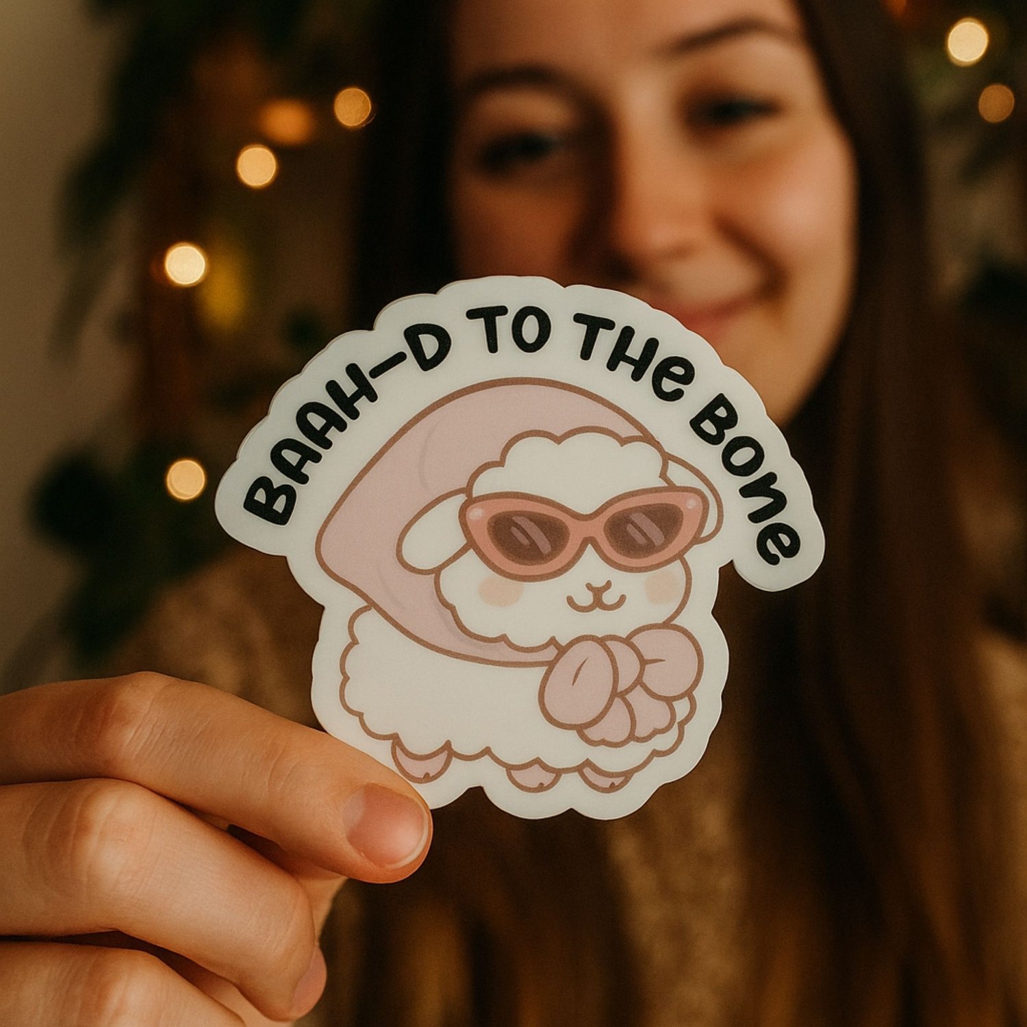 Funny kawaii sheep clip art with “BAAH-D TO THE BONE” text, high-resolution PNG.
