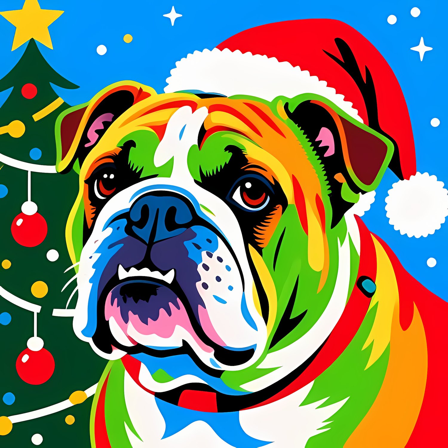 🐾20 Christmas Themed Bulldog Art | High-Resolution PNGs in Illustration, Painterly, Geometric and Pop Art Styles  📦 What’s Included:  20 Files in total High Resolution: 300 DPI for professional quality Image Sizes: From 3072 px to 4608 px 🎨 Perfect For: