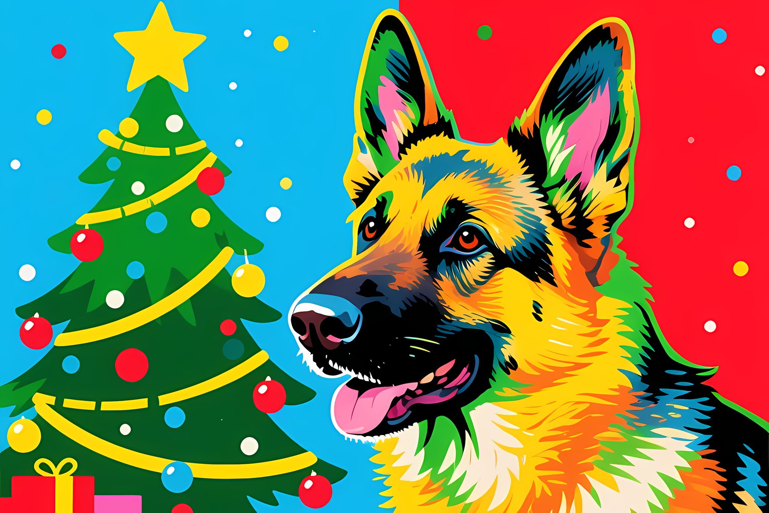 🐾22 Christmas Themed German Shepherd Art | High-Resolution PNGs in Illustration, Painterly, Pop Art, Geometric and Halftone Neon Punk Art Styles  📦 What’s Included:  22 Files in total High Resolution: 300 DPI for professional quality Image Sizes: From 307
