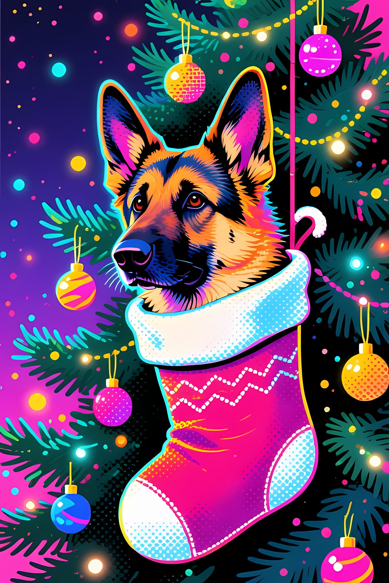 🐾22 Christmas Themed German Shepherd Art | High-Resolution PNGs in Illustration, Painterly, Pop Art, Geometric and Halftone Neon Punk Art Styles  📦 What’s Included:  22 Files in total High Resolution: 300 DPI for professional quality Image Sizes: From 307