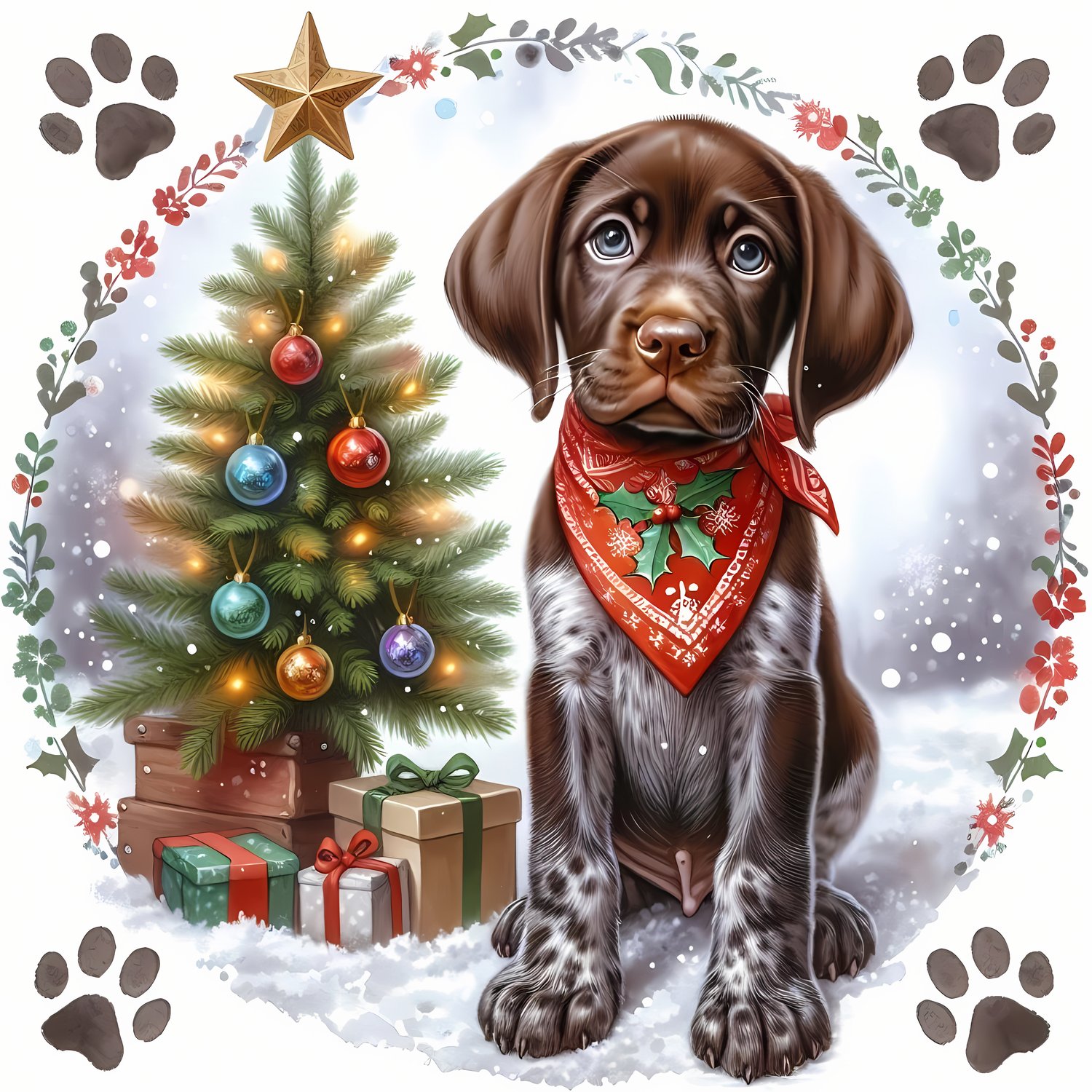 🐾20 Christmas Themed German Shorthaired Pointer Art | High-Resolution PNGs in Illustration, Painterly, Vector Art & Halftone Pop Art Styles  📦 What’s Included:  20 Files in total High Resolution: 300 DPI for professional quality Image Sizes: From 3072 px 