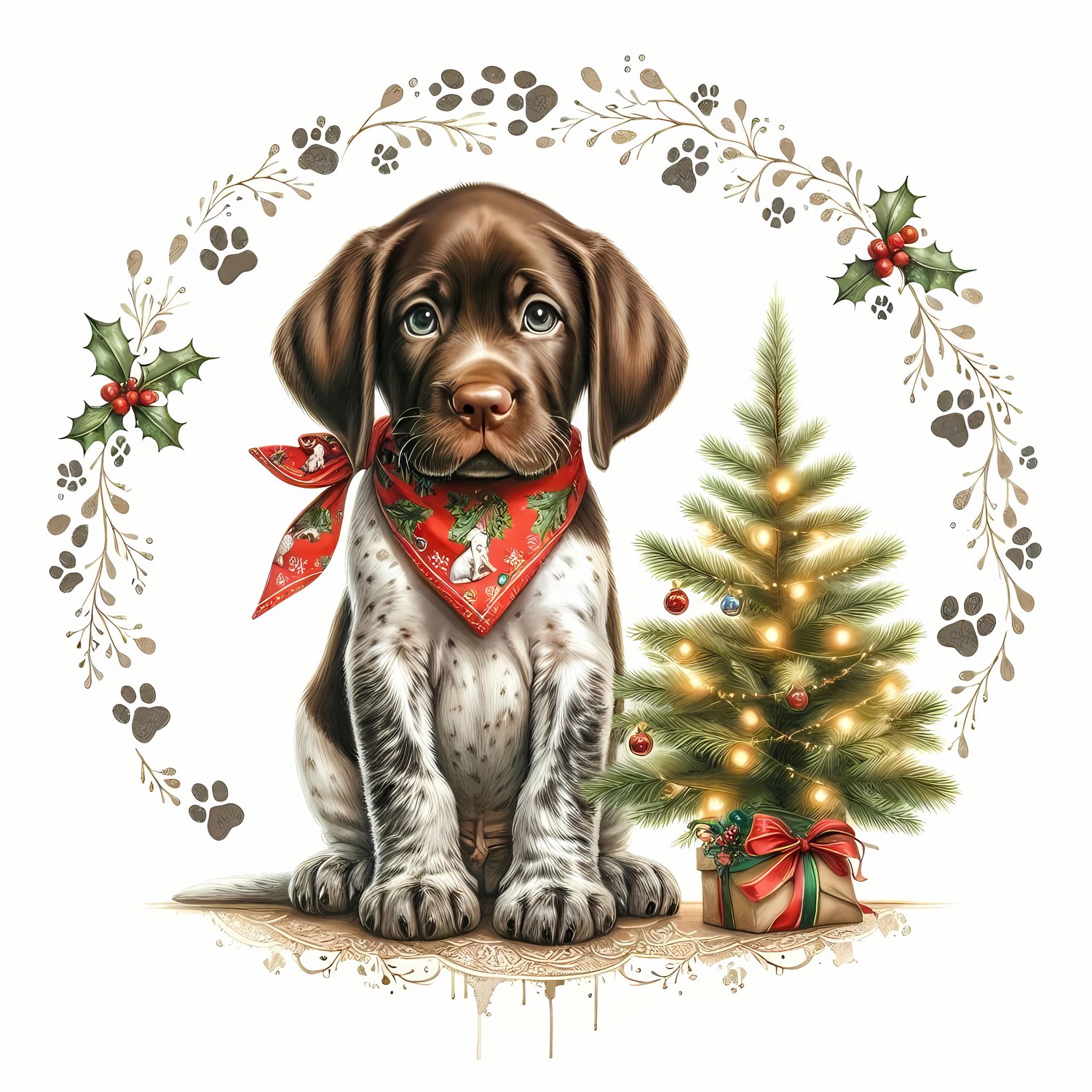 🐾20 Christmas Themed German Shorthaired Pointer Art | High-Resolution PNGs in Illustration, Painterly, Vector Art & Halftone Pop Art Styles  📦 What’s Included:  20 Files in total High Resolution: 300 DPI for professional quality Image Sizes: From 3072 px 