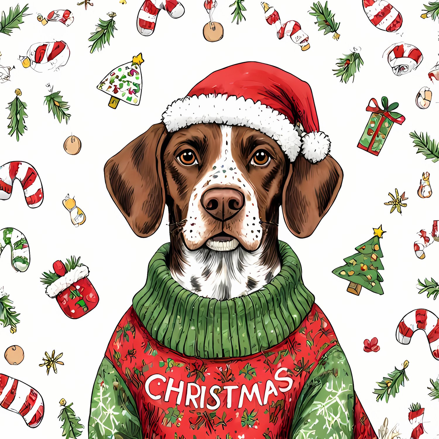 🐾20 Christmas Themed German Shorthaired Pointer Art | High-Resolution PNGs in Illustration, Painterly, Vector Art & Halftone Pop Art Styles  📦 What’s Included:  20 Files in total High Resolution: 300 DPI for professional quality Image Sizes: From 3072 px 