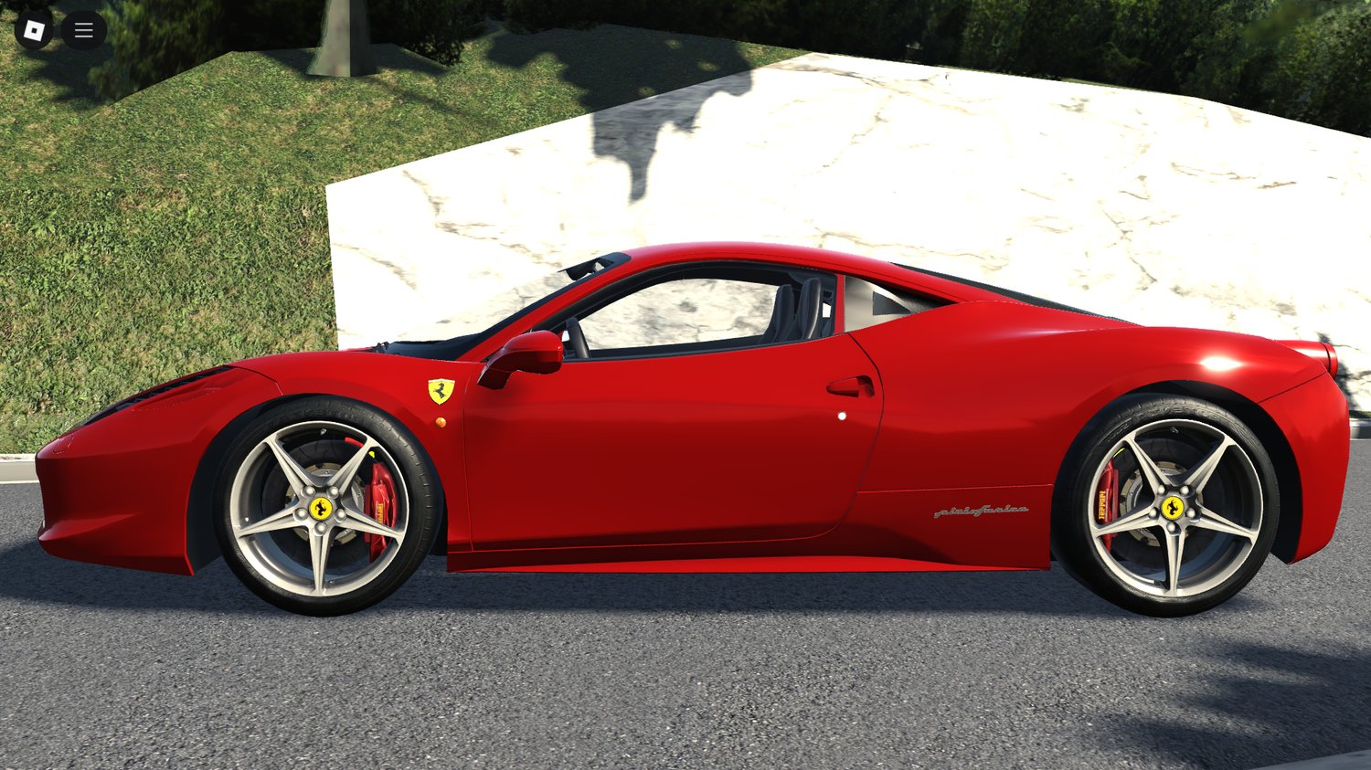 Close-up of Ferrari 458 Italia’s detailed headlights and grille
