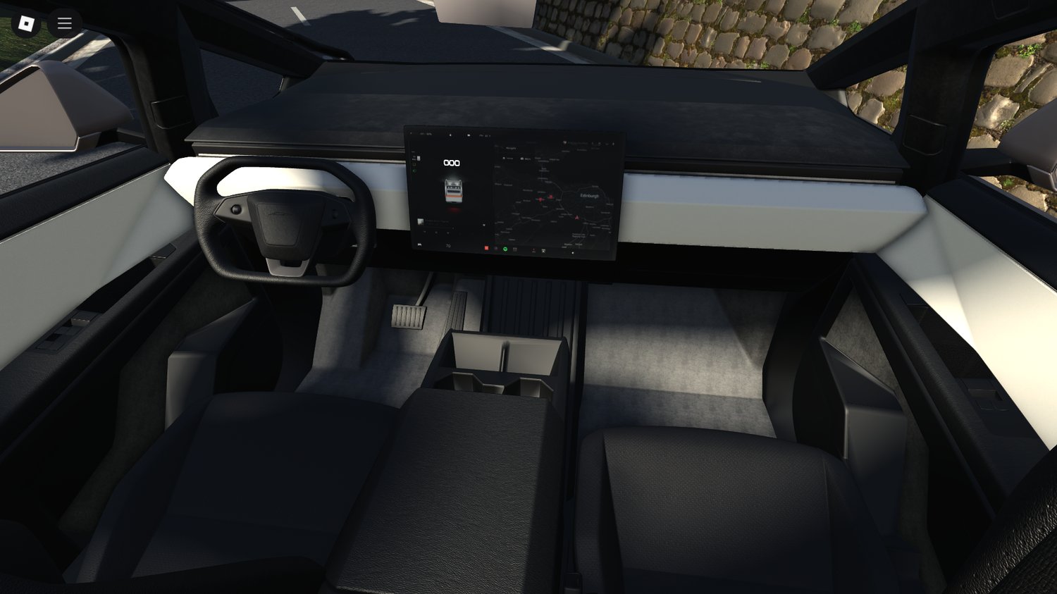 Tesla Cybertruck driving on a Roblox highway
