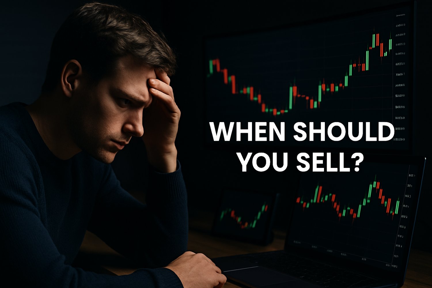 A trader at a computer looking at green profit numbers but hesitating to sell