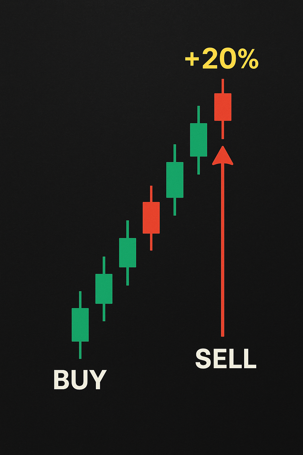 A chart showing a buy point at the bottom, and a sell arrow at +20% marked clearly as