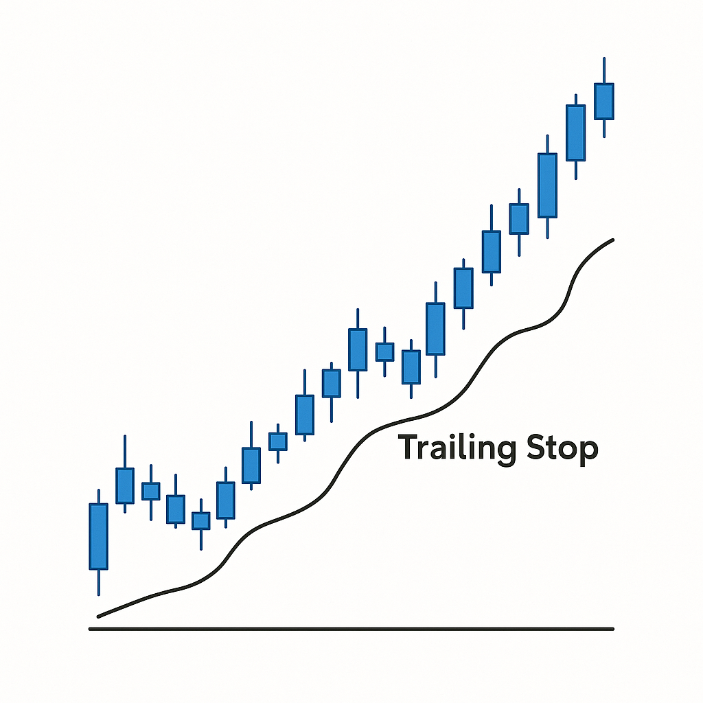 A line chart showing trailing stop moving upward under the price candles, securing profit