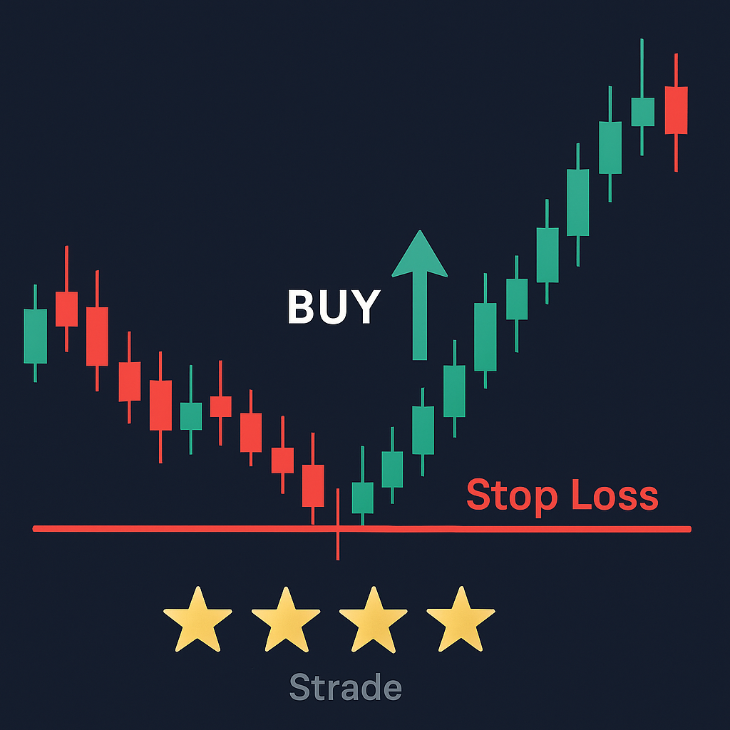 A candlestick chart with a buy entry, green arrow up, and a red “Stop Loss” line under support level