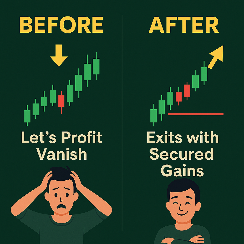BeforeAfter graphic — left side trader lets profit vanish, right side trader exits with secured gains