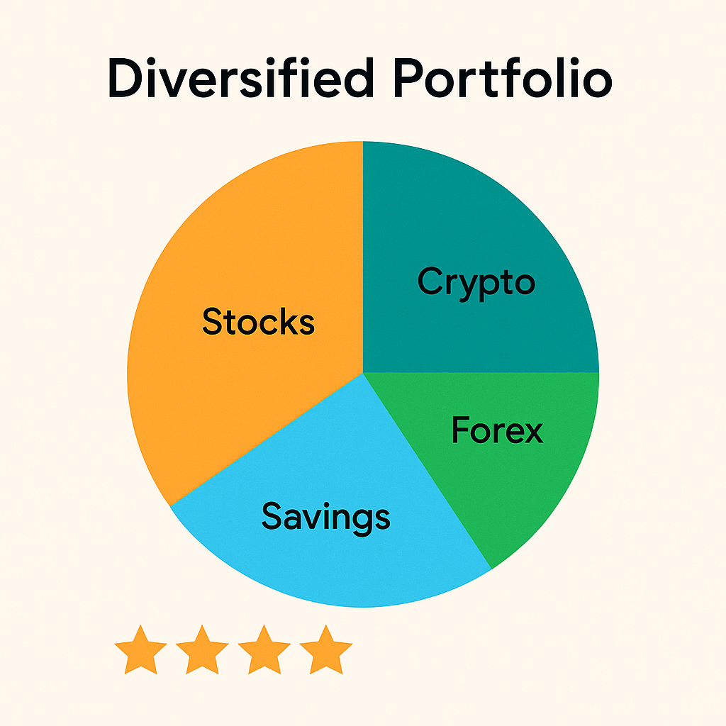 Pie chart showing diversified portfolio slices stocks, crypto, forex, savings