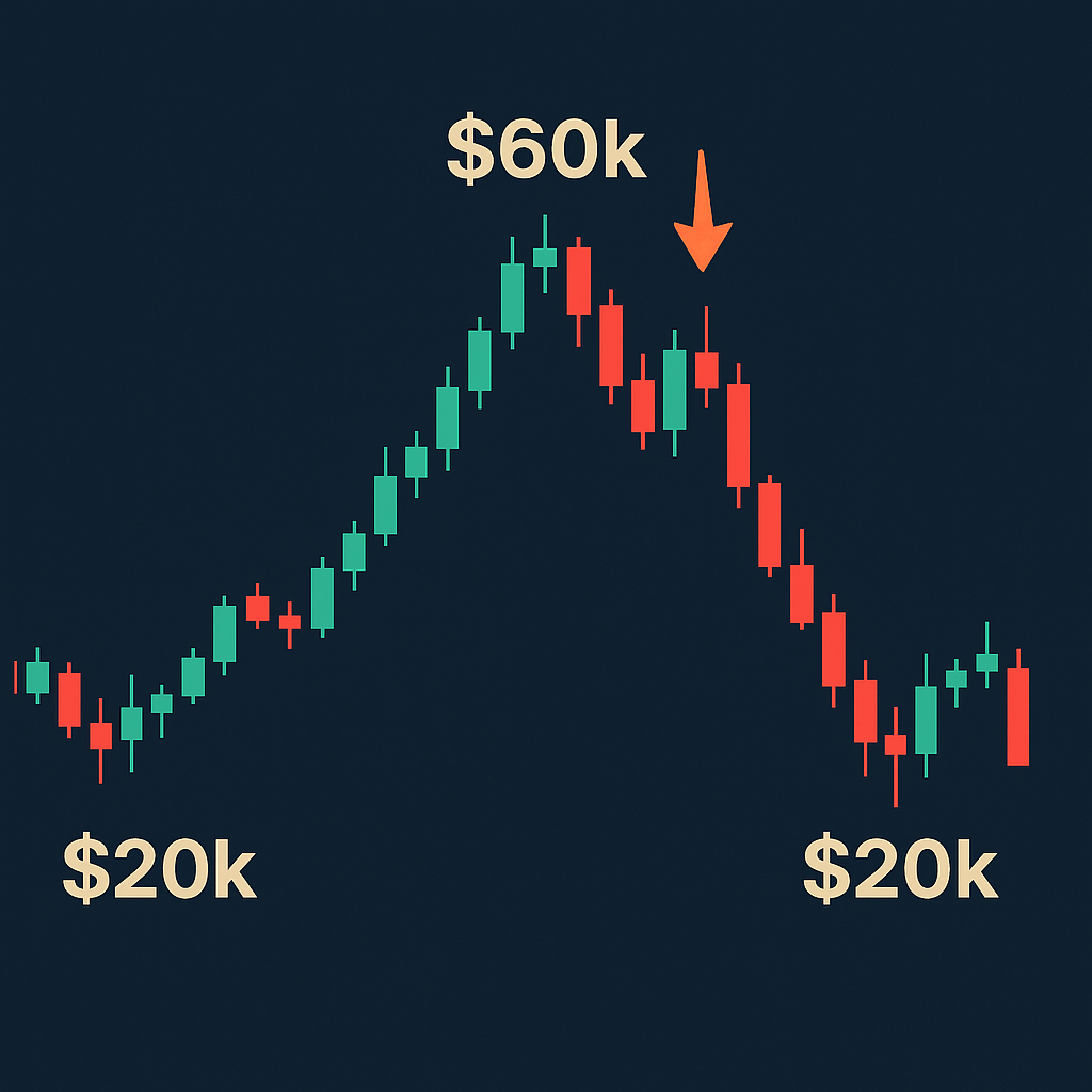 Bitcoin chart showing $20k → $60k → $20k with exit arrows at peaks