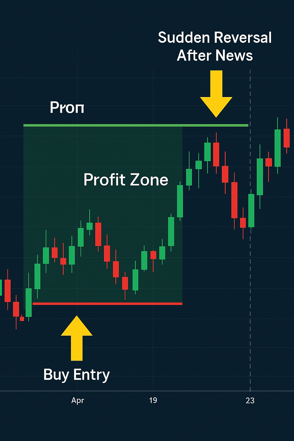Forex chart with marked buy, profit zone, and sudden reversal after news