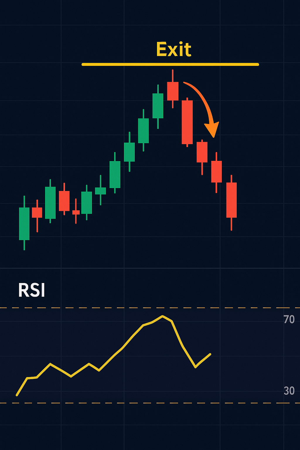Chart with RSI indicator showing overbought zone at 70, marked as “Exit”