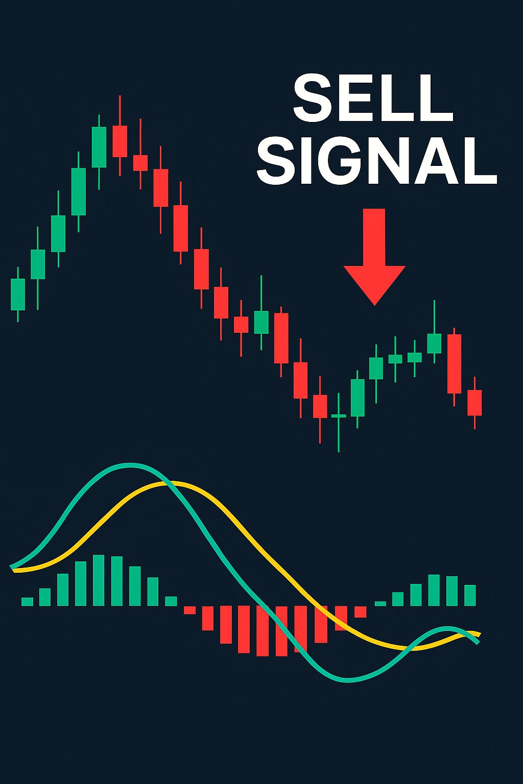 Chart with MACD line crossing down, red arrow showing sell signal