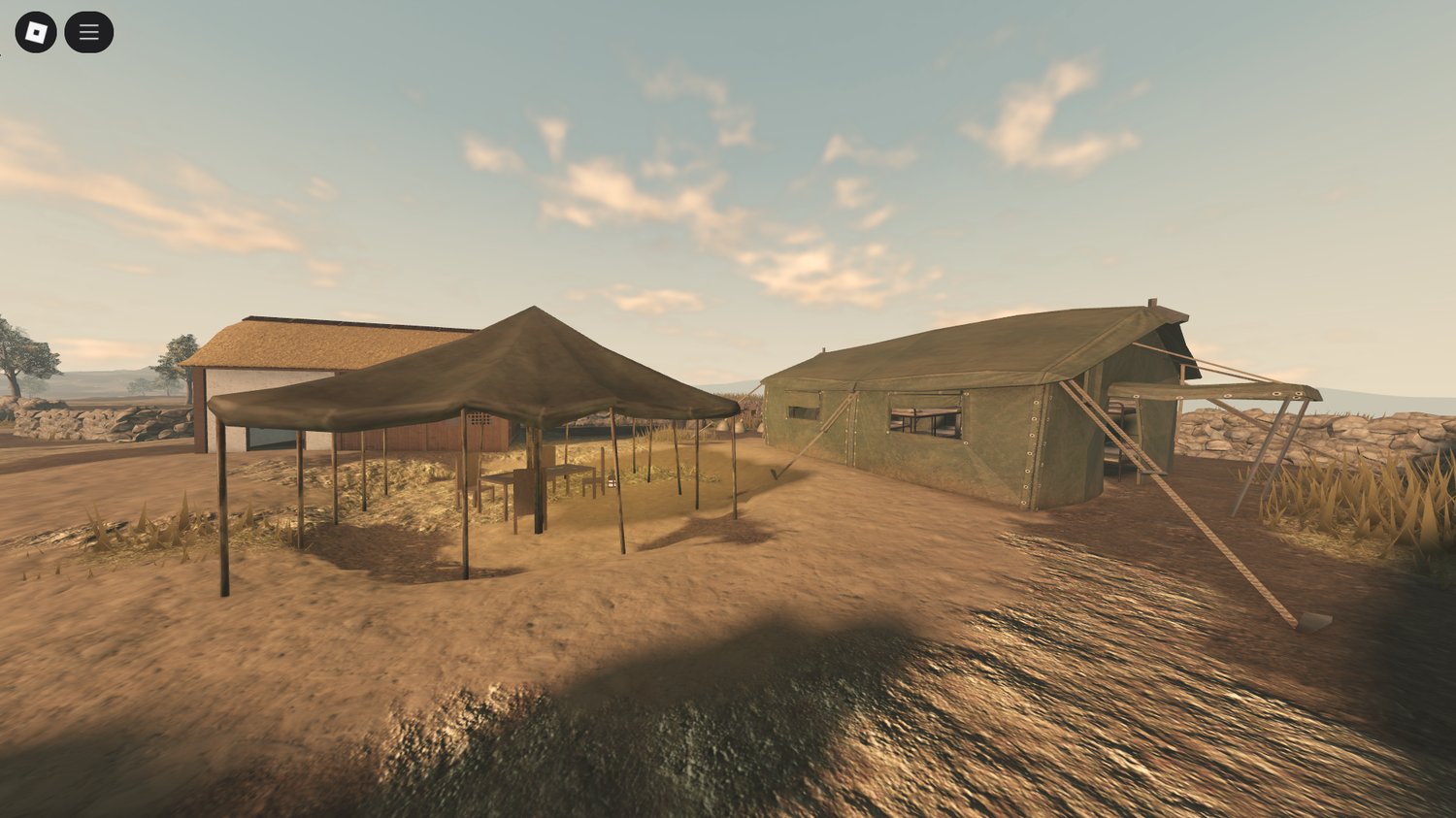 Close-up of military camp tents and structures
