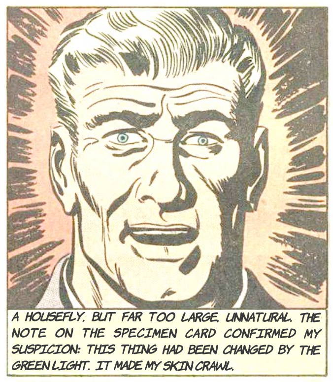 A vintage comic panel from the cosmic horror printable escape room, 'The Green Star.' A man's face is shown in close-up with a shocked and disturbed expression. A caption reads: "A housefly. But far too large, unnatural. The note on the specimen card confirmed my suspicion : this thing had been changed by the green light. It made my skin crawl."