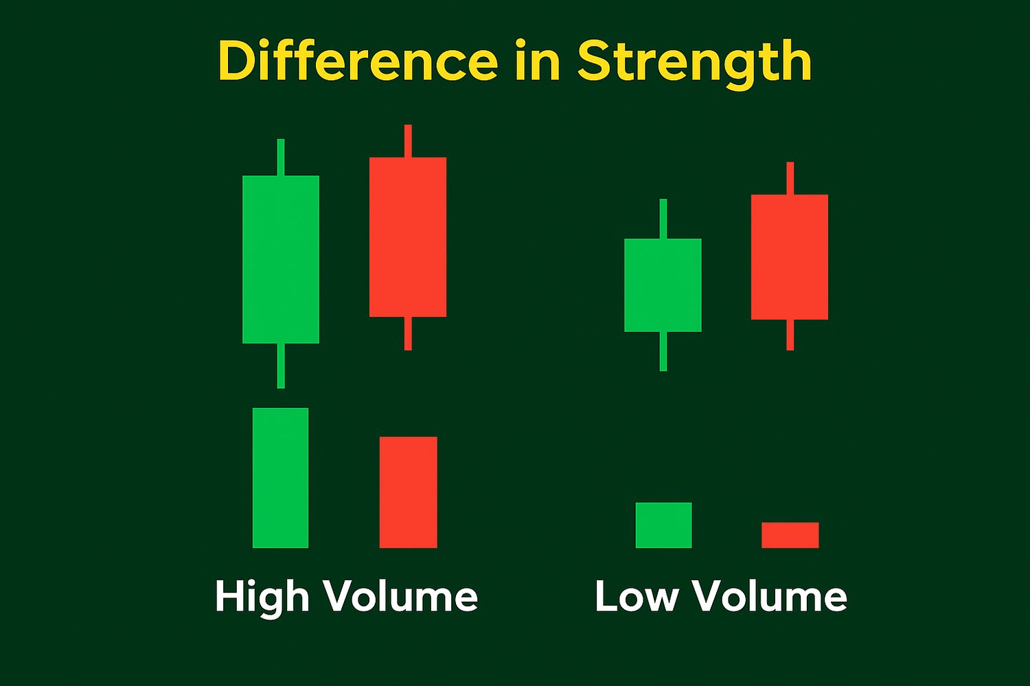 Side-by-side candles with high volume vs low volume, showing difference in strength