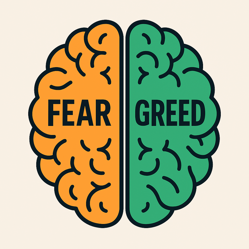 Brain illustration split into two sides — one labeled “Fear,” the other labeled “Greed”