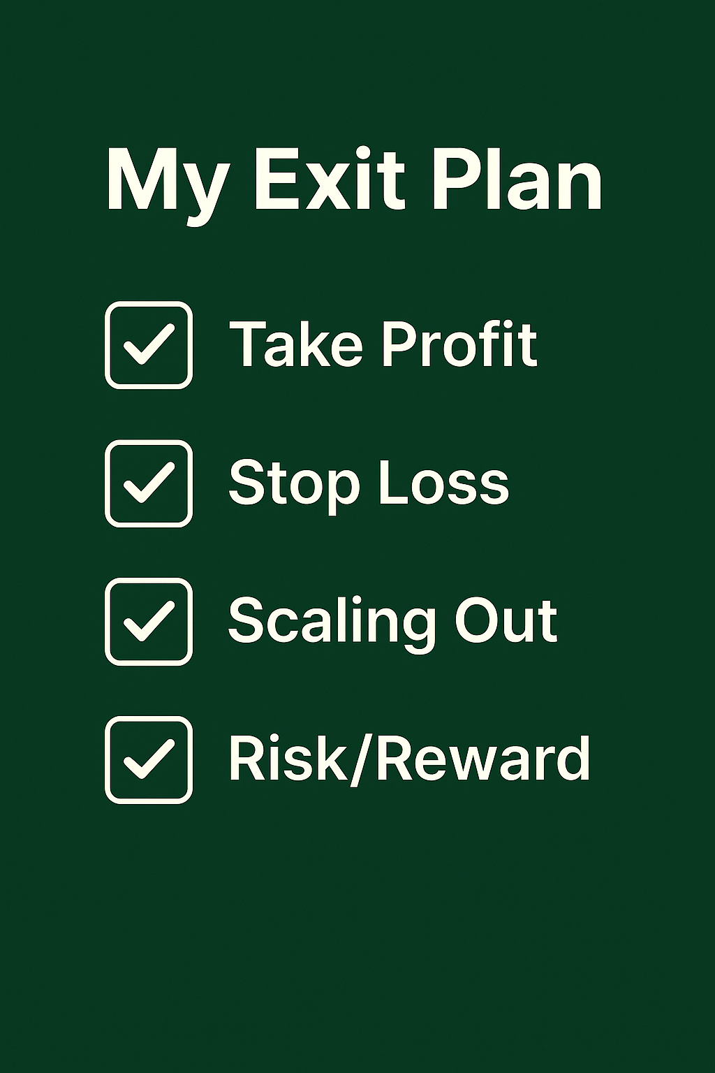 Checklist graphic titled “My Exit Plan” with boxes Take Profit, Stop Loss, Scaling Out, RiskReward