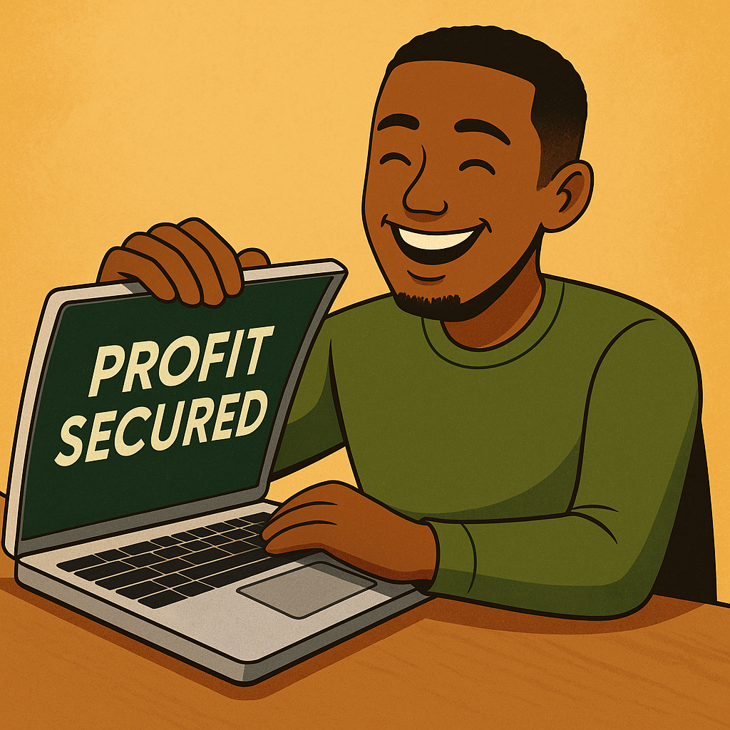 Happy trader closing laptop with “Profit Secured” message on screen