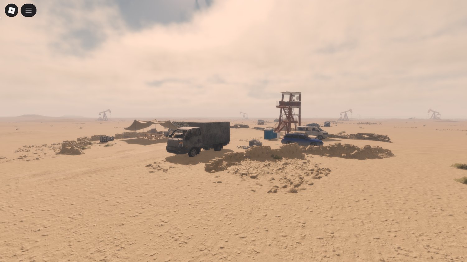 War-torn terrain with scattered structures