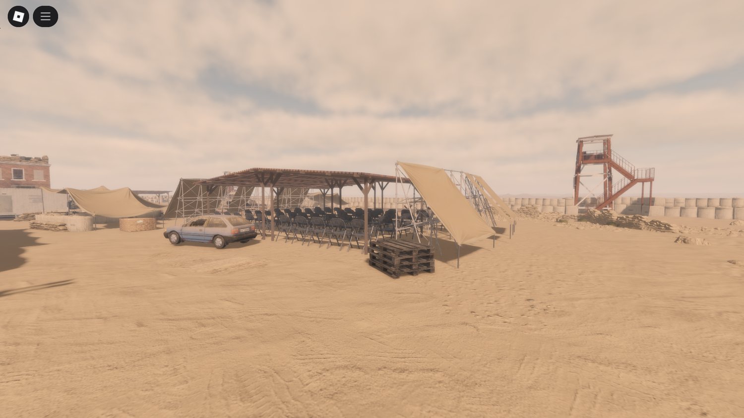 Atmospheric wide shot of urban conflict environment
