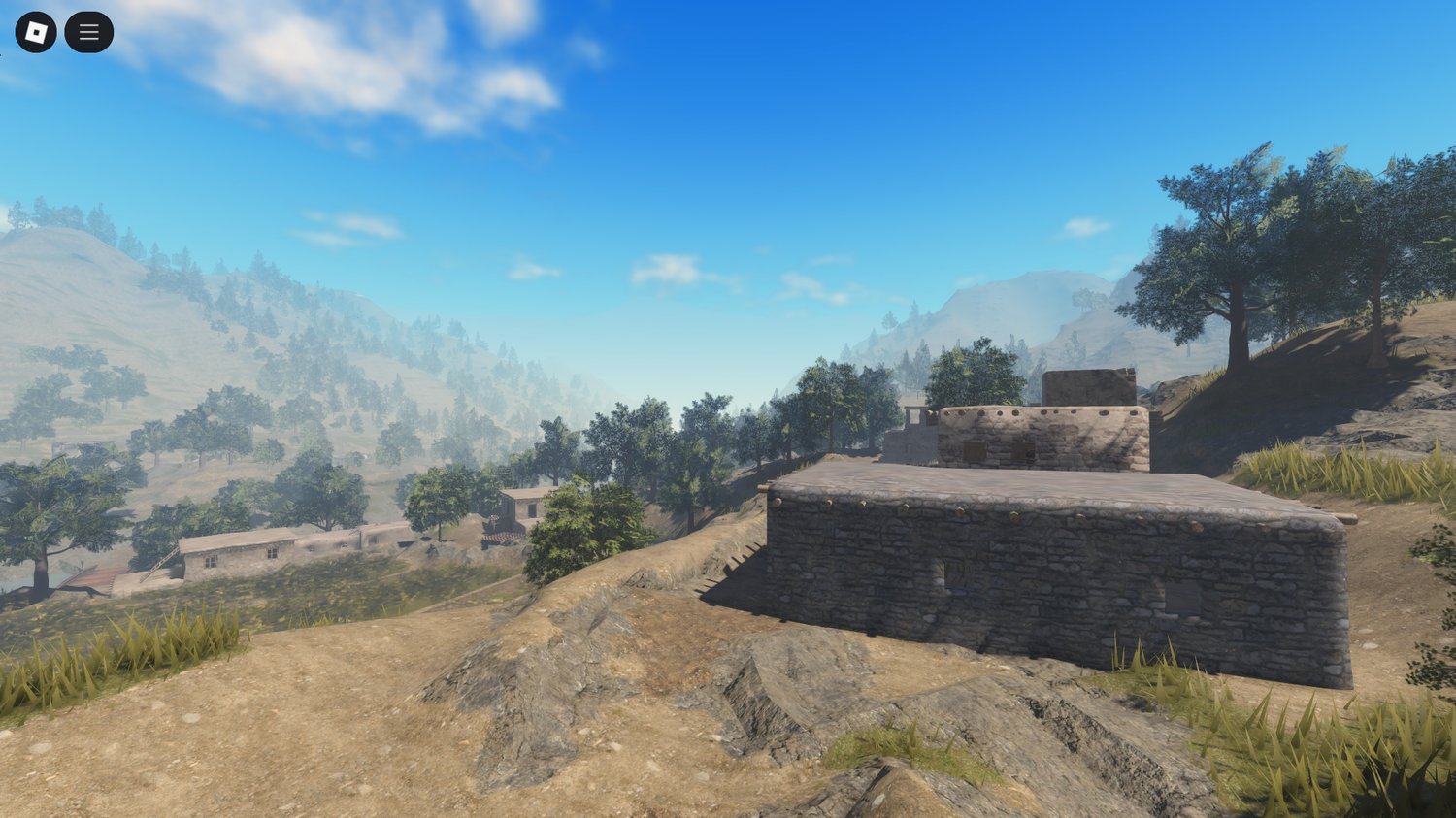 Tent cluster arranged in Roblox village setting