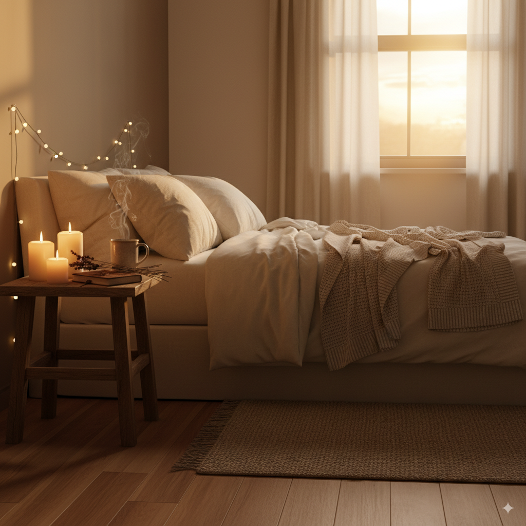 Gemütliches Schlafzimmer mit warmem Licht und Kräutertee für eine entspannte Abendroutine